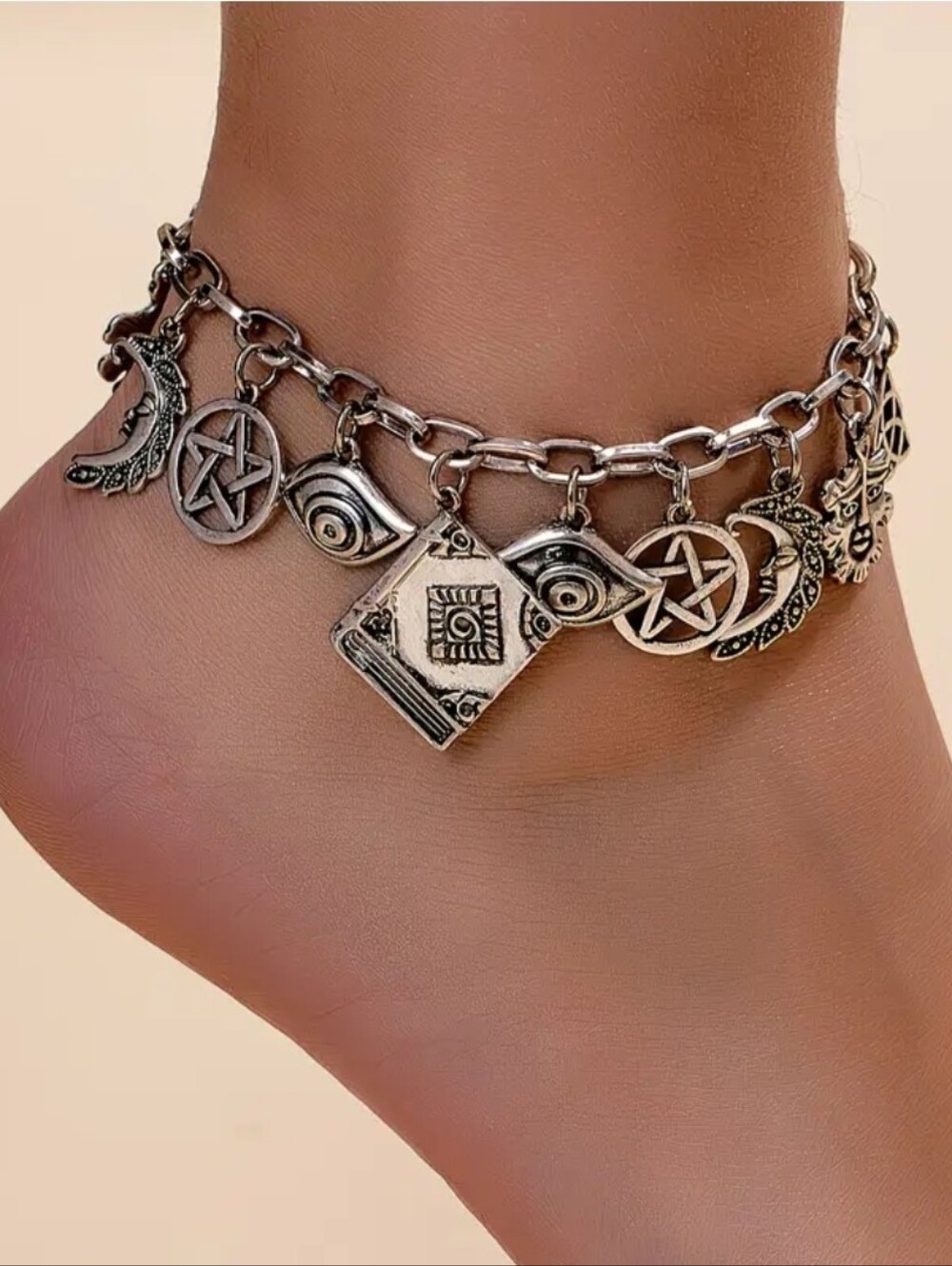Burnt Silver Witchy Charm Anklet with Moon, Star and Eye Pendants